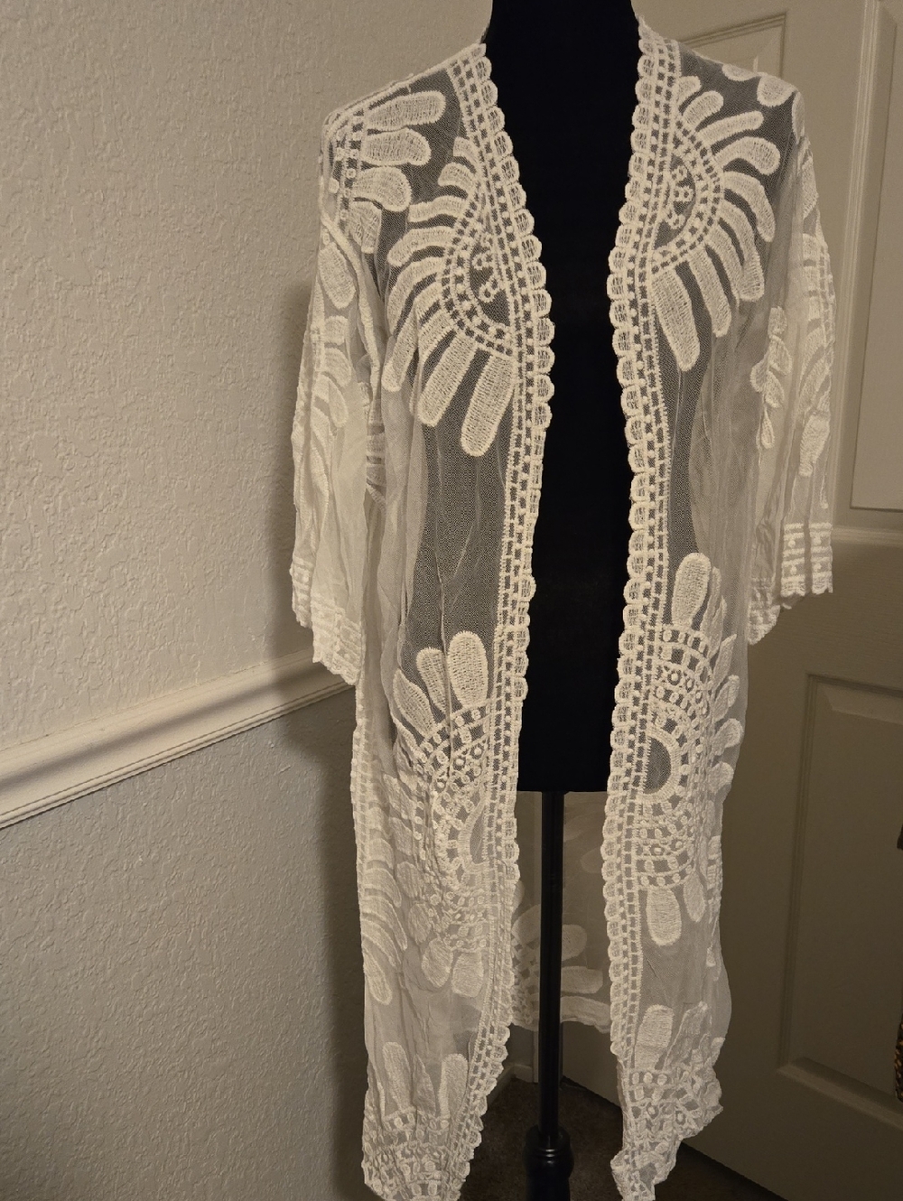 White Lace Kimono Duster Cardigan Boho Sheer Embroidered Swim Cover Up OS NWT